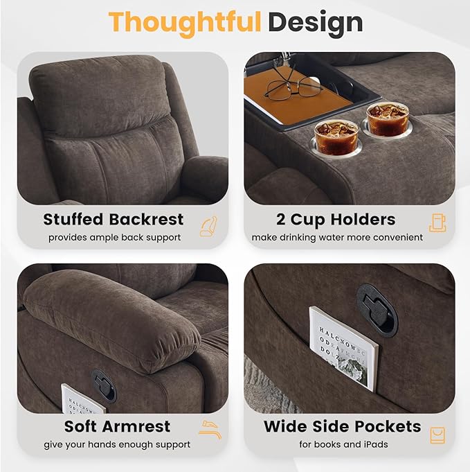 Reclining Loveseat with Console Loveseat Recliner Sofa with Massage &amp Heating RV Wall Hugger Double Loveseat Recliner Couch for Living Room &amp Home Theater (Chenille-Brown-2)