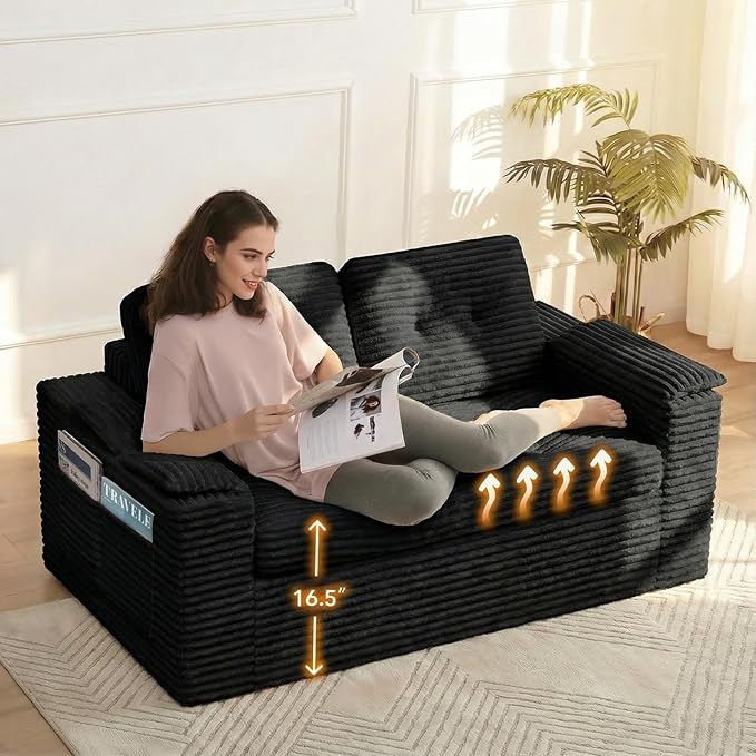 Boneless Loveseat Sofa 60in Cloud Couch Sofa for Living Room 2 Seater Modern Lounge Sleeper Couch with Removable Cover Corduroy with Armrest Seat Cushion &amp Pillows for Small Spaces Black