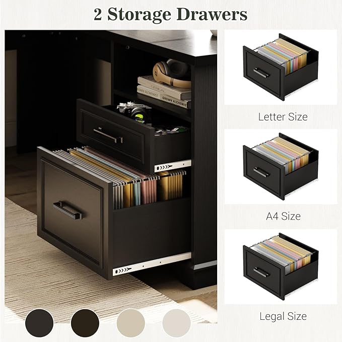 Unikito Farmhouse L Shaped Executive Desk with File Drawers 60 Corner Computer Desk with Power Outlets Large 2 Person Home Office Table with Storage Cabinet Sturdy Writing Desk Black
