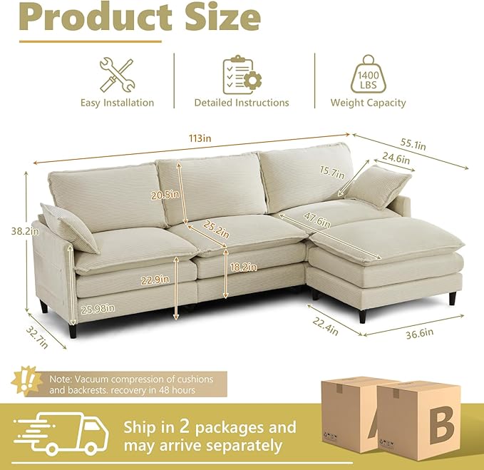 SAMERY 113 Modular Sectional Sofa Comfy Cloud Couch with Movable Ottoman Pillows Deep Seat Corduroy Modular Sofa L Shaped Cloud Sectional Couches for Living Room Bedroom Apartment Beige