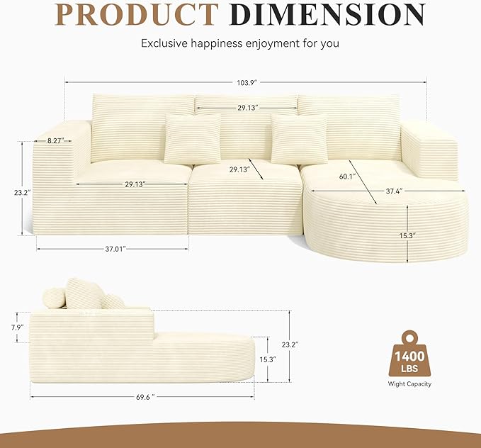 L-Shaped Boneless Couch104 Couches for Living Room with Curved ChaiseModular Sectional Sofa with Deep SeatModern Cozy Cloud Compression SofasNo Assembly Required(Beige) 1PCS