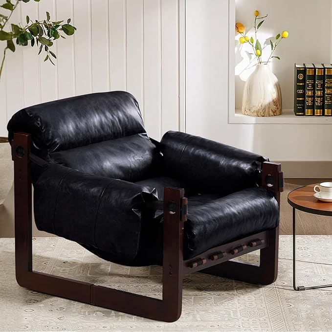 Furnilivng Modern Lounge Accent Chair Comfortable Oil Waxed Leather Arm Chair with Sturdy Wood Frame Upholstered Cozy Sofa Chair for Living Room Bedroom Dressing Room Home Office Black
