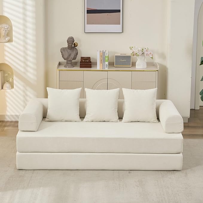 Convertible Folding Sofa Bed Modular Floor Couch 78.8‘’ Cloud Sleeper Sofa with Removable Backrest Chenille Foldable Mattress Couch Lazy Loveseat for Small Space Apartment Bedroom Beige