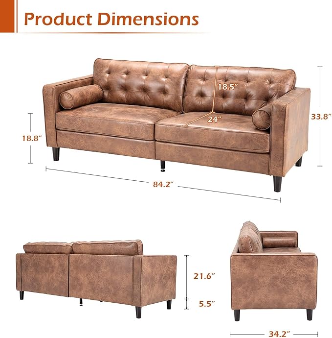 Esright Mid Century Modern Faux Leather Sofa 84.2-Inch 3-Seater Vintage Couch with 2 Bolster Pillows Large Brown Sofa for Living Room Apartment Office
