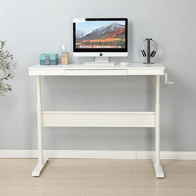 Generic (White Tabletop) 48 x 24 InchesStanding Desk with Metal Drawer Adjustable Height Stand up Desk Sit Stand Home Office Desk Ergonomic Workstation