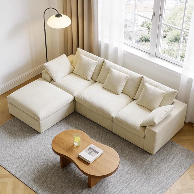 120 L-Shaped Boneless Cloud Couch Modular Sectional Sofa with Ottoman and Extra-Wide Armrests Deep Seat Sectional Couches for Living Room 35D High-Density Foam No Assembly Required Beige