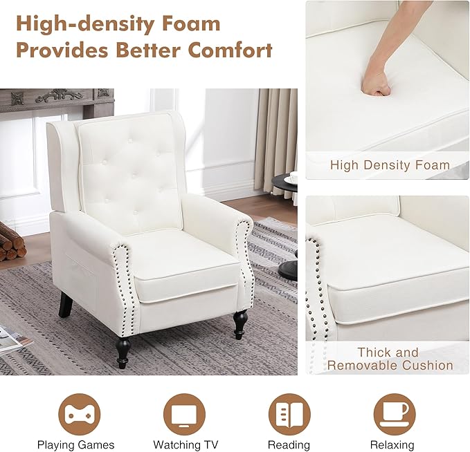 Modern Accent Chair Set Of 2 Wingback Living Room Chairs With High Back Accent Upholstered Armchair With Vintage Legs Comfy Sofa Chair Accent Chairs Set For Bedroom Home Office Reading WHITE
