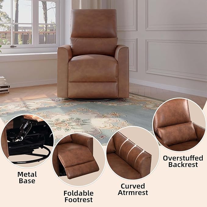 GAOMON Swivel Rocking Recliner Chair Manual Leather Recliner Glider with Lumbar Support &amp Padded Armrest Comfortable Rocker Nursery Single Sofa for Living Room and Bedroom (Brown)