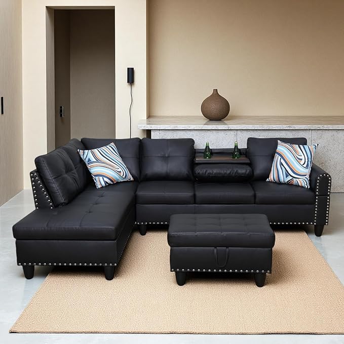 Sectional Couches for Living Room Convertible 4 Seat Modular Sectional Sofa Set for Living Room L Shaped Couch or U Shaped Couch with Storage Ottoman for Apartment Leather Black