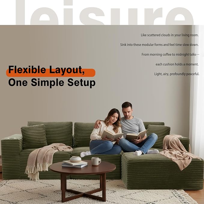 110 Boneless Couch in A Box Convertible L Shaped Modular Sectional Sofa Set with Deep Seat Corduroy Cloud Couch Sectional Couches for Living Room No Assembly Required(3 Seat+ 1 OttomanGreen)