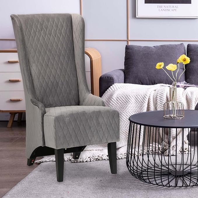 Henf Fabric Upholstered Wingback Accent Chair Velvet Living Room Chair Accent Chair Modern Tufted Leisure Chair with Arms High Backrest Indoor Sofa Chair with Solid Wood Legs Grey