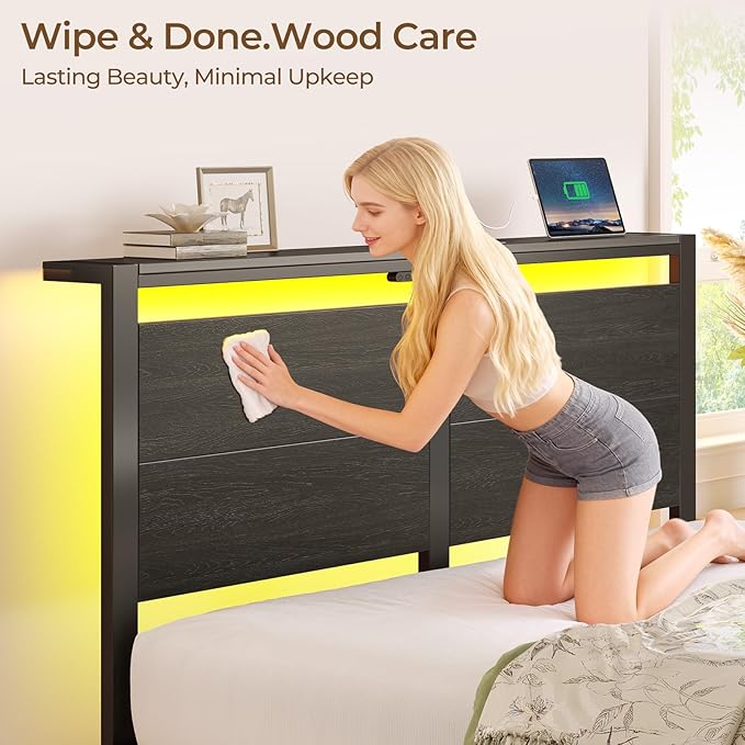 Rolanstar Full Size Bed Frame with Charging Station LED Full Bed Frame with Wood Storage Headboard Platform Bed with Metal Slats &amp Under Bed Storage No Box Spring Needed Noise Free Black Oak