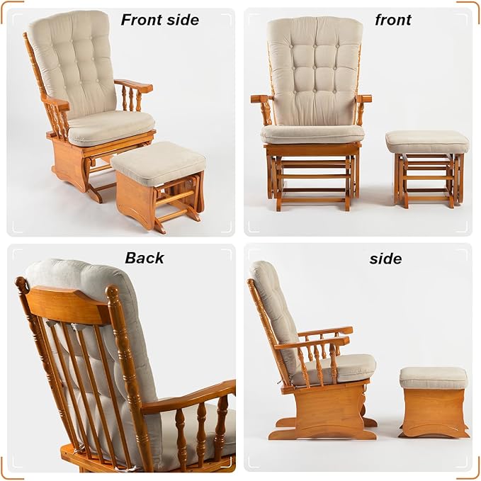 Anti-Pinch Solid Wood Hand Glider Rocking Chair Set with Ottoman Padded Cushion Rustic Rubber Wood Nursery Glider for Nursing Relaxing Living Room Bedroom Honey Colored
