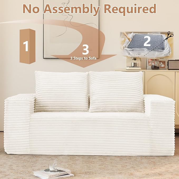 71 Boneless Couch Loveseat Sofa Comfy Deep Seat Cloud Couch Memory Foam No Assembly Required Floor Sofa for Living Room Bedroom Apartment Small Spaces Corduroy White