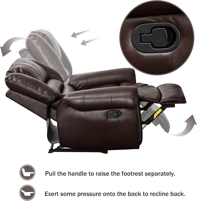CANMOV Leather Recliner Chair Classic and Traditional Manual Recliner Chair with Comfortable Arms and Back Single Sofa for Living Room Brown