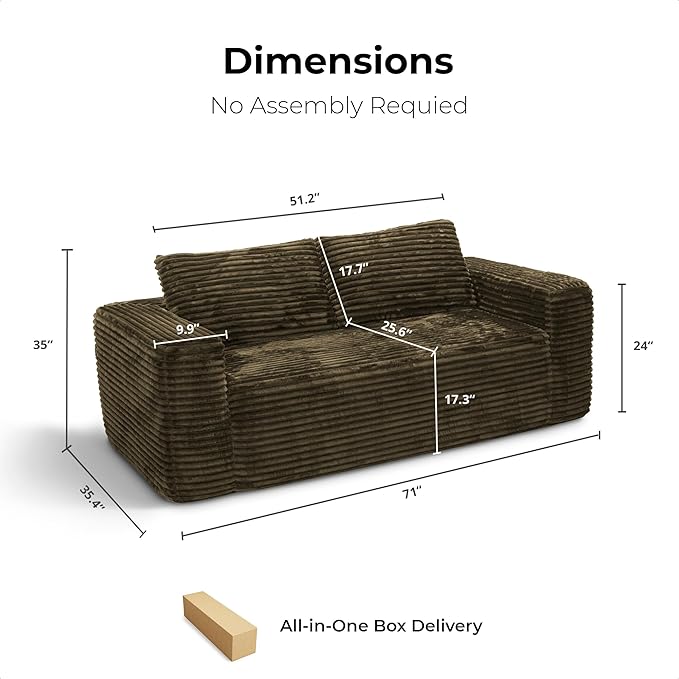 LIKIMIO 71 Loveseat Sofa in a Box - Plush Corduroy Deep Seat Couch No Assembly Required Space-Saving Design for Compact Living Room Apartment Home Office Brown