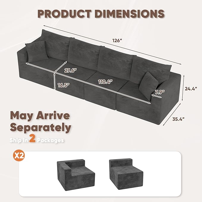 JUMMICO Boneless Couch with Deep Seat and Ottoman Modular Sectional Sofa with Body Support Corduroy Couches for Living Room Apartments Bedroom No Assembly Required (Black Four Seater)