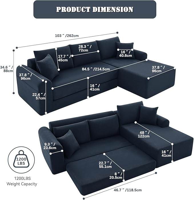 103 Modular Sectional Sofa Couch with ChaiseFolding L-Shape Sofa Bed with Deep SeatCorduroy Convertible Couch BedCompression Cloud Boneless Couches for Living Room(Navy BlueRight Facing Chaise)