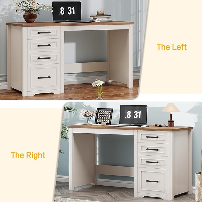Vabches Farmhouse 49” Executive Desk with File Drawer 4 Drawers Reversible Computer Desk with Storage Rustic Home Writing Workstation for Home Office.White Brown