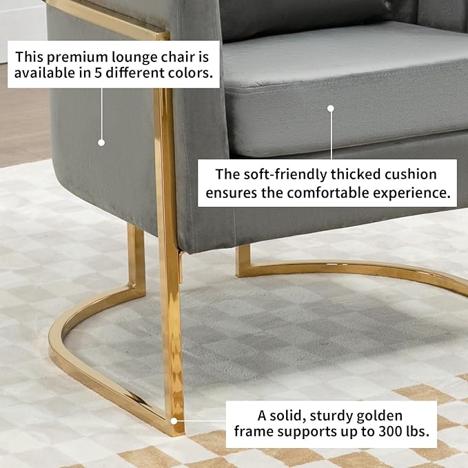 Velvet Modern Accent Chair Upholstered Barrel Armchair Mid Century with Pillow for Living Room Comfy Single Vanity Chair with Metal Gold Legs for Bedroom Grey