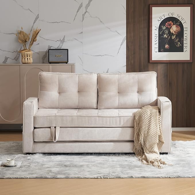 VINGLI Upgraded 64 W 84 L Full Size Futon Sofa Bed 6 Thick Upholstery Chenille Loveseat Sofa Sleeper Pull Out CouchConvertible Floor Couch for Living Room Bedroom Entertainment Room Beige
