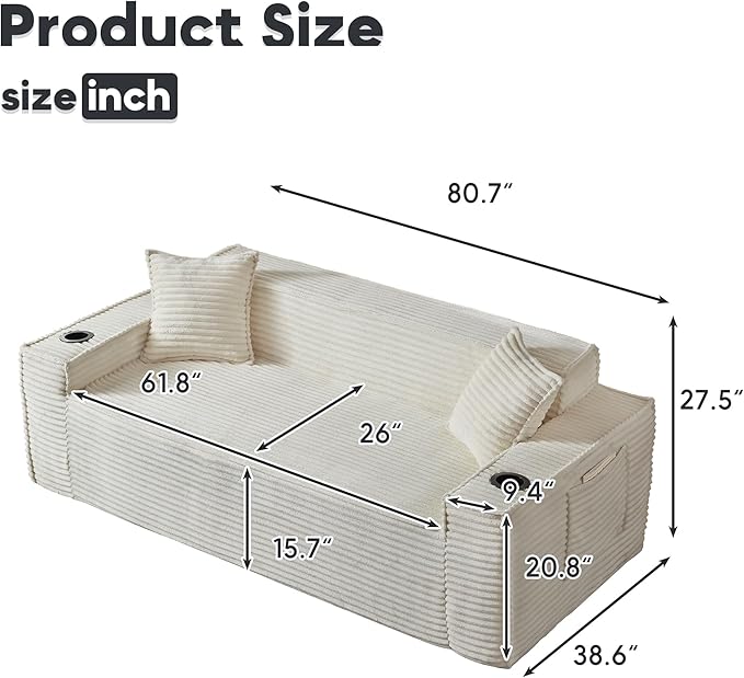 Boneless Sectional Sofa Couch with Cup Holders &amp Side Pockets Modern Corduroy Fabric Deep Seat 3-seat Cloud Couch for Living Room Office No Assembly (White)