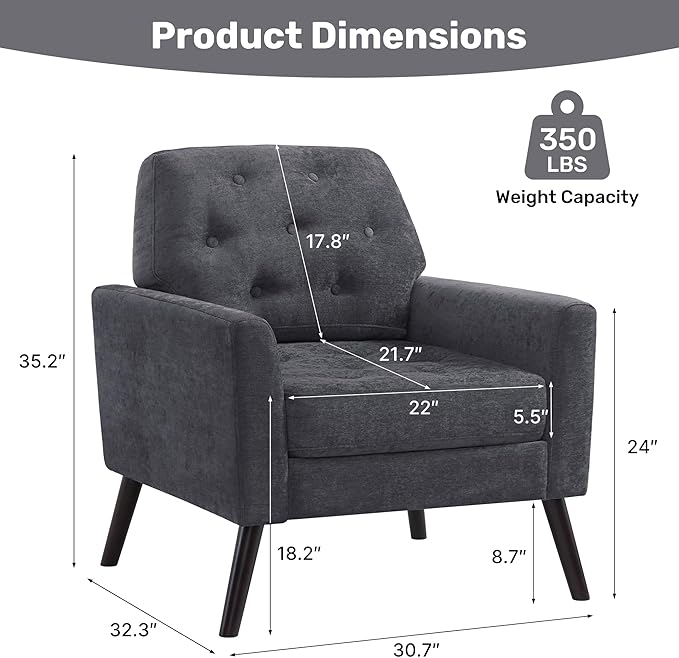 Accent Chair Set of 2 Mid Century Modern Living Room Chairs Upholstered Armchair with Tufted Back &amp Wood Legs Single Sofa Reading Side Chair for Bedroom Office Waiting Room Dark Grey