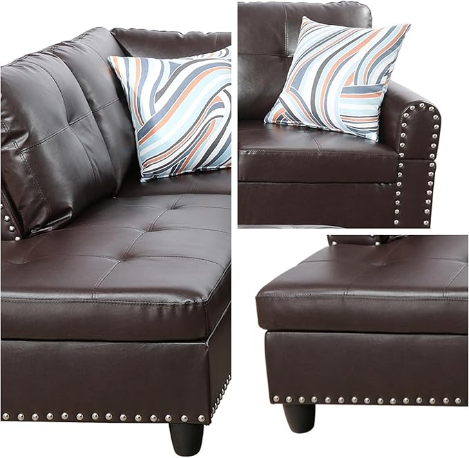 L-Shaped Sectional Sofa with Movable Chaise &amp Storage Ottoman Leather 3-Piece Modular Convertible Couches for Living Room Apartment &amp Office Brown