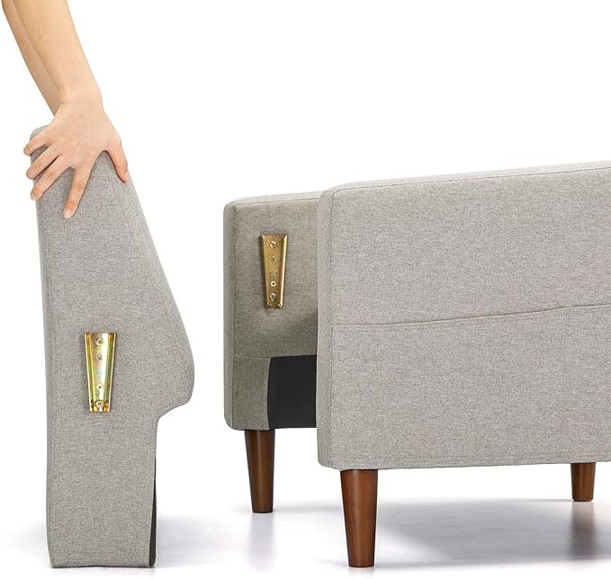 Mellow ADAIR Mid-Century Modern Armchair with Armrest Pockets Tufted Linen Fabric Light Grey