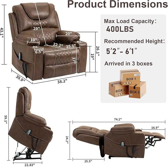 Oversized Power Lift Recliner Chair for Big and Tall 400 LBS 25 Large Electric Recliner Chair with Massage and Heating 180° Lay Flat Zero Gravity Recliner Sofa Leather Coffee Brown