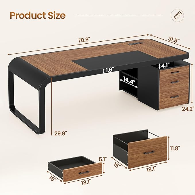 Itaar 70.9 Executive Desk Large Computer Desk with Drawers and Lateral File Cabinet Office Desk with Removable Shelves Business Furniture Desk Workstation for Home Office Brown