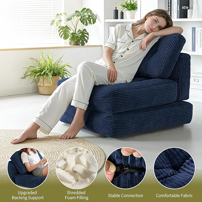 Art3d Folding Sofa Bed Convertible Sleeper Sofa Bed with Pilow &amp Back Support 3 in 1 Long Futon Boneless Couch Comfy Floor Couch for Living Room Bedroom Navy Blue