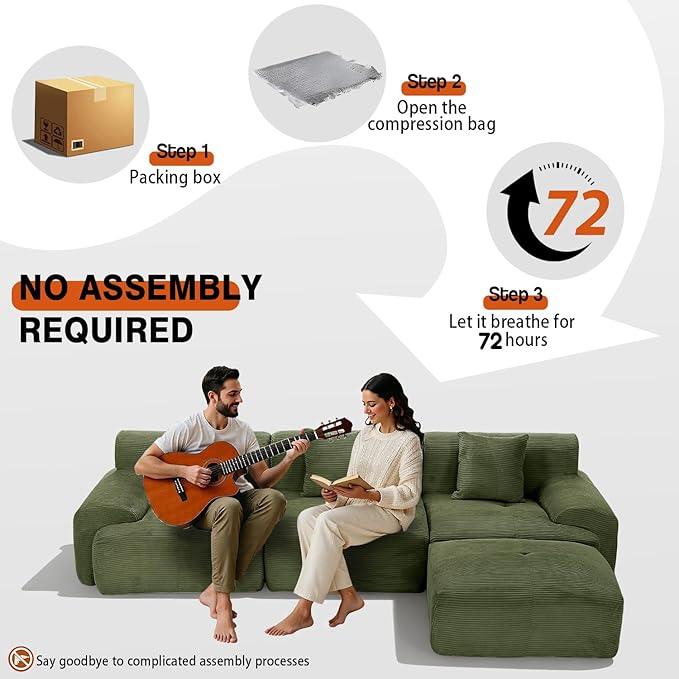 120 Modular Cloud Couch Sectional Boneless Couch with Ottoman Modern Modular L-Shaped Sofa Bed with Deep Seat Upholstered 3-Seater Sectional Couches for Living Room Apartments (Green)
