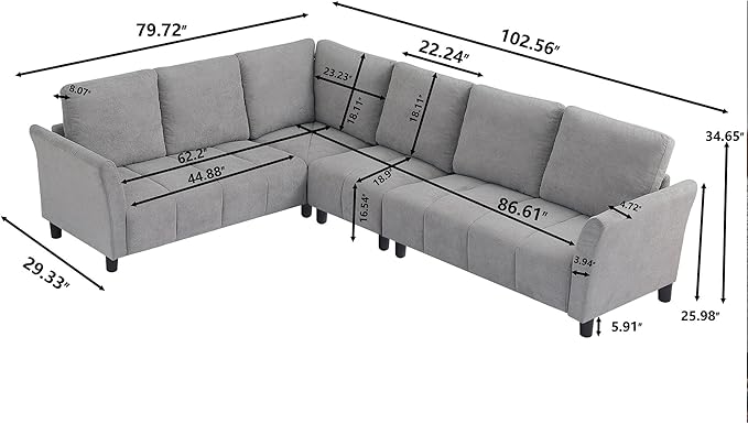 102 L Shape Sectional Couch6 Seat Convertible Modern Corner Sofa Sectional with Removable Covers for Living Room Light Grey