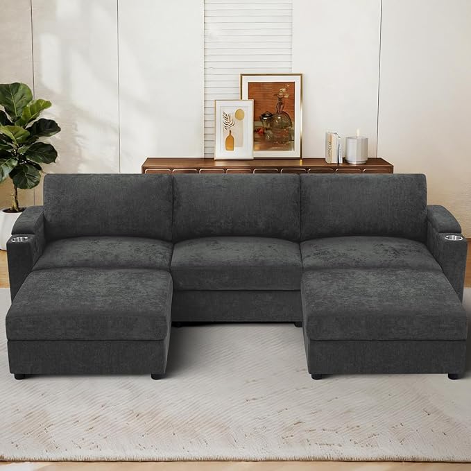 108'' Chenille Sectional Couch with Storage ArmrestsU Shaped Upholstered Sofa with 2 Movable Ottomans 5-Seat Modular Couch with Cup Holders for Living Room Grey