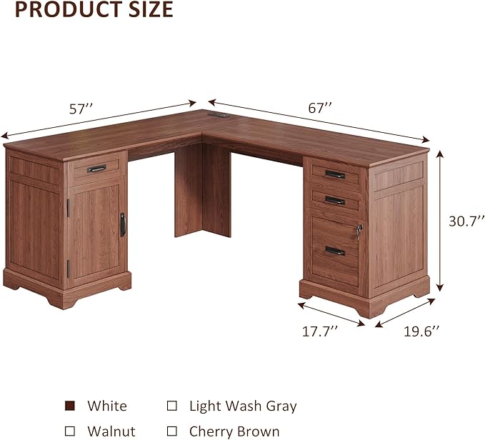 Whalefall Farmhouse L Shaped Desk with Drawers 67 Inch Executive Home Office Desk with File Cabinet Computer Corner Desk with Charging Station Cherry Brown