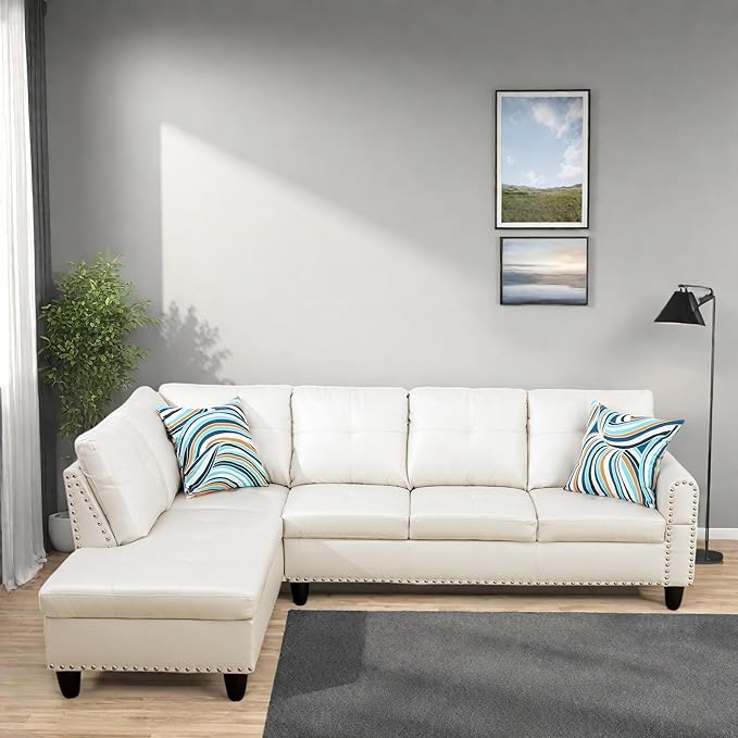 FONTOI Leather Sectional Couch Sofa 4-Seat L-Shaped Sectional Sofa with Cup Holders &amp Nail-Head Trim – Modern PU Leather Living Room Couch for Apartment Bedroom White