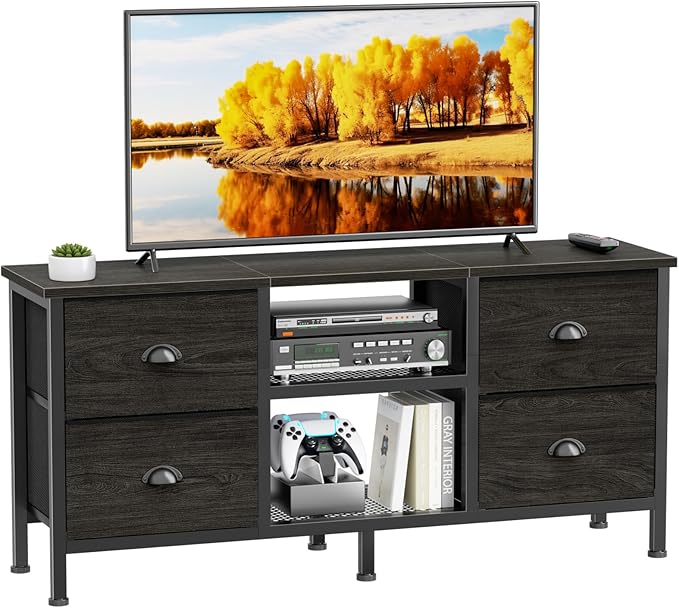 Furologee TV Stand with 4 Drawers 43 inch Entertainment Center with Open Shelves Media Center for 50 TV Television Stand for Bedroom Living Room/Light Black Oak