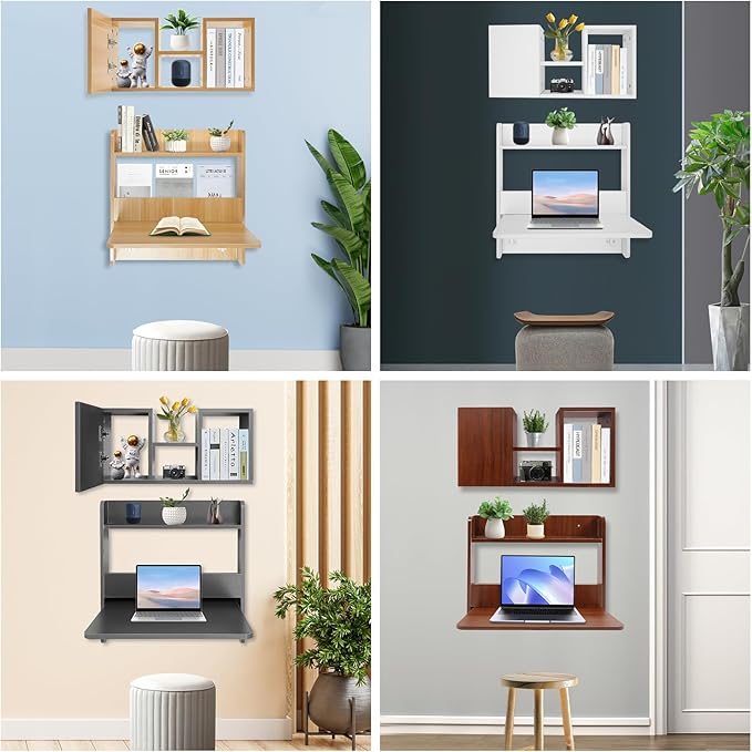 Wall Mounted Folding Writing Table w/Bookshelf - Solid Wood Home Office Desk 88.18lbs Table Load-BearingSpace-Saving Foldable Desktop Multi-Tier Storage for Books (Grey)