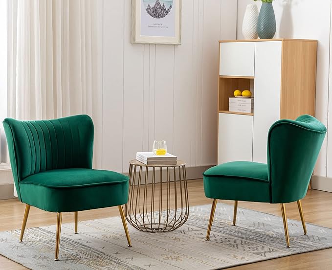 Green Velvet Accent Chairs Set of 2 with Golden Legs Upholstered Side Chairs Mid-Century Modern Slipper Chairs for Guest Room Comfy Armless Wingback Corner Single Sofa for Living Room