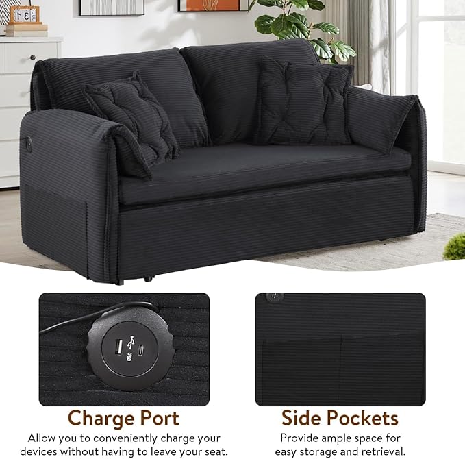 3 in 1 Sleeper Sofa Couch Bed Pull Out Couch Bed Oversized Loveseat Sofa Bed with Padded Armrest Upholstered Cloud Couch Sectional for Living Room (Corduroy Black)