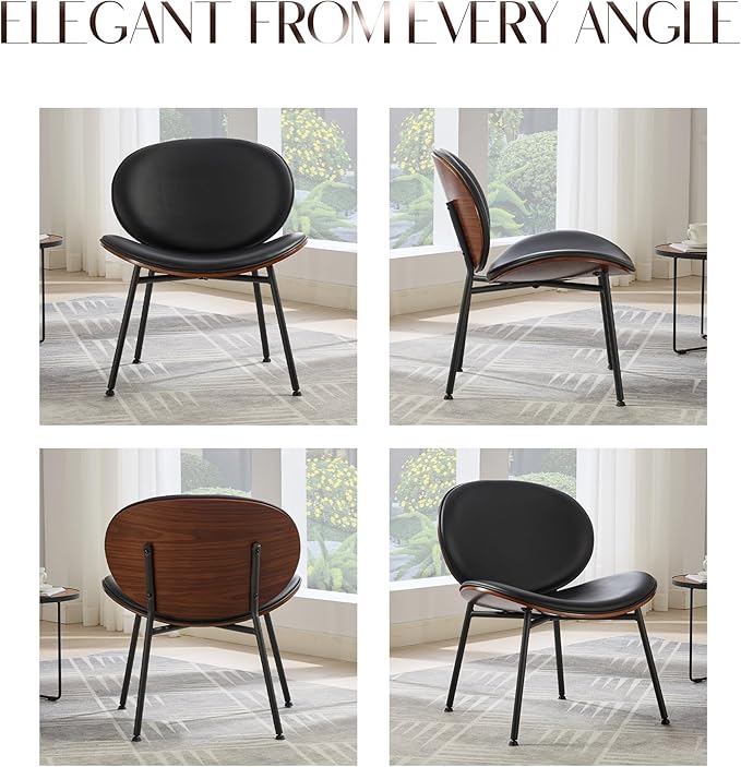 Mid-Century Modern Accent Chair Black PU Leather Lounge Chair with Walnut Wood Finish Curved Back Side Chair for Living Room Bedroom Reading Nook Office (Black + PU Set of 2)