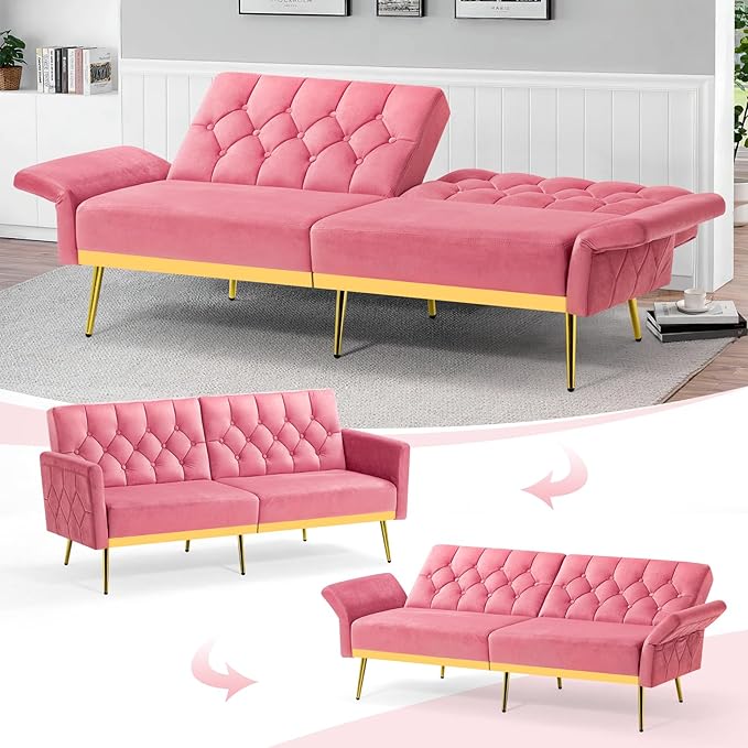 Velvet Futon Sofa Bed w/Adjustable Armrests &amp Backrests Button Tufted Sleeper Couch Modern Convertible Loveseat Sofa for Bedroom Living Room Apartment Pink