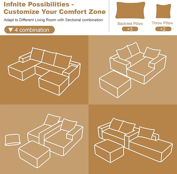 108 Sectional Couches for Living Room Modern Modular Sofa with L-Shape Couchs Upholstered Boneless Couch Deep Seat Sectional Couch with Chaise (Grey Left Facing Chaise+2Seaters+1Ottoman)