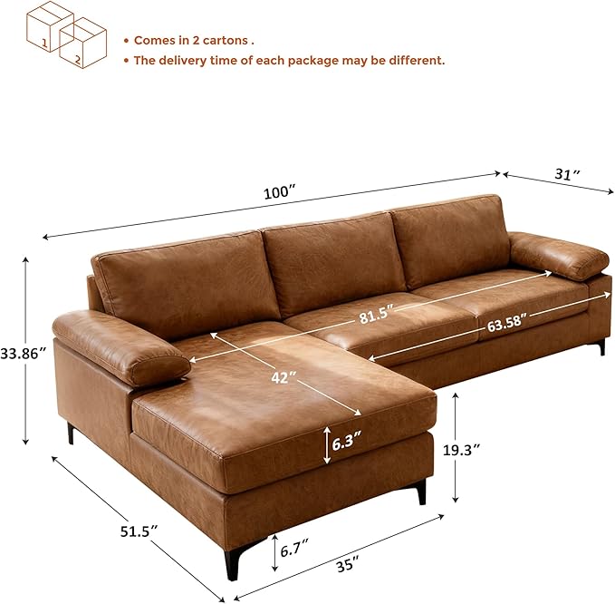 VANOMi Faux Leather Couch for Living Room 100 Sofas &amp Couches with Convertible Chaise 3-Seater Sectional Sofas for Living Room Apartment Office Brown | Right/Left L-Shaped Adjustable Chaise