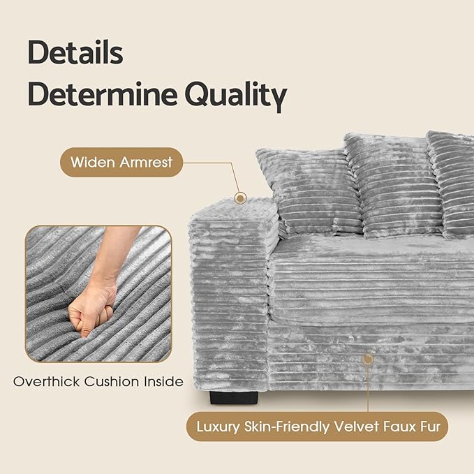 smilesun Luxe Oversized L Shaped Sofa with ChaiseComfy Faux Fur Plush L Shaped Sectional Couches with 8 PillowsSoft Fluffy Upholstered Sofa Bed for Living Room Apartment Bedroom (Grey)