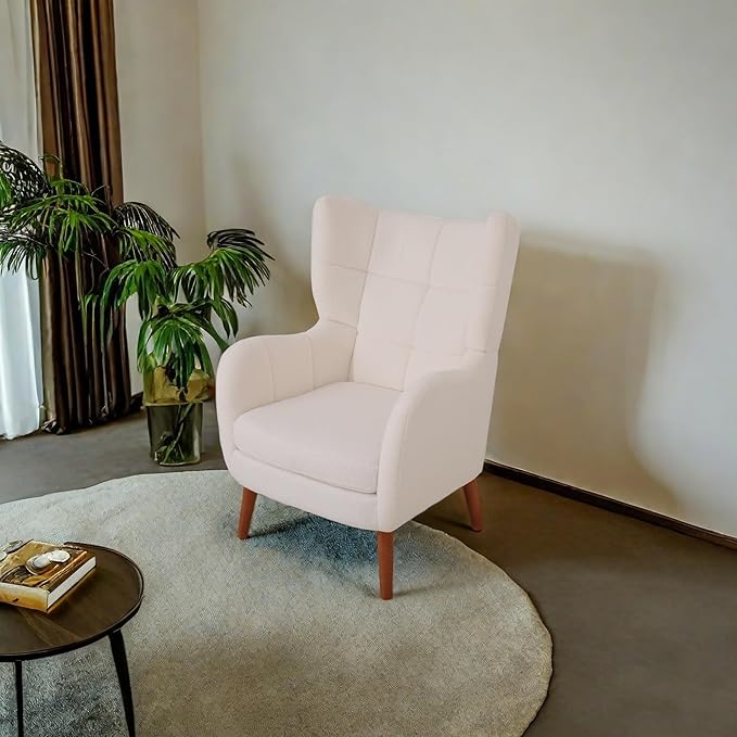 Mid-Century Accent Chair Ivory White Modern Retro Club Chair Birch Frame Upholstered Teddy Wool Fabric Single Sofa Armchair for Small Spaces Living Room Bedroom Reading Corner BalconyOffice
