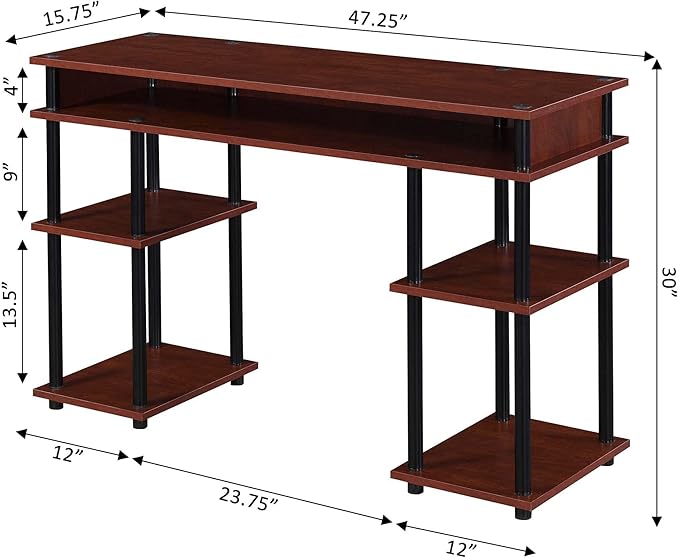 Pemberly Row No-Tools Student Desk Cherry Wood Finish 47.25 x 15.75 x 30 in Particleboard Shelves Black Powder-Coated Steel Poles Multiple Storage Shelves Easy Assembly Home Office or Dorm Desk