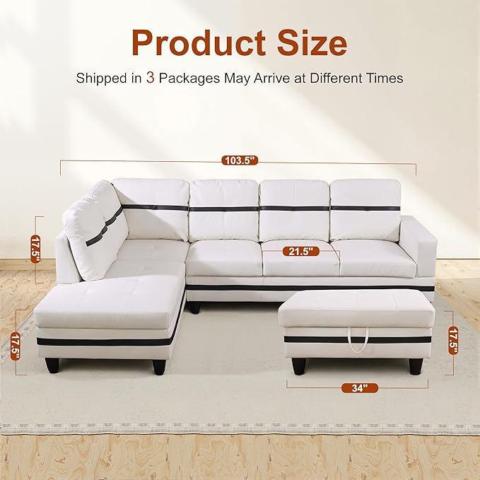 L Shaped Couch PU Leather Sectional Couches for Living Room 3 Pieces Modular Sectional Sofa with Chaise Ottoman with Storage for Living Room and Small Apartment White and Black