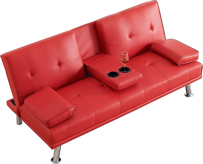KEIKI 67 Leather Folding Futon Sofa w/Cup Holder &amp Adjustable Backrest Mid Century Modern Couch Loveseat Convertible to Sleeper Bed Comfy Cloud Couch SofaBed for Living Room &amp Bedroom Red